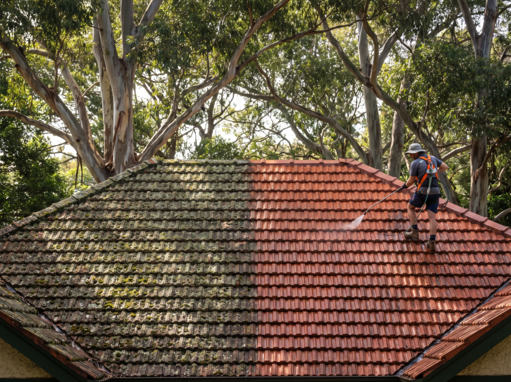Moss-covered terracotta Federation roof half cleaned under gum canopy on the North Shore