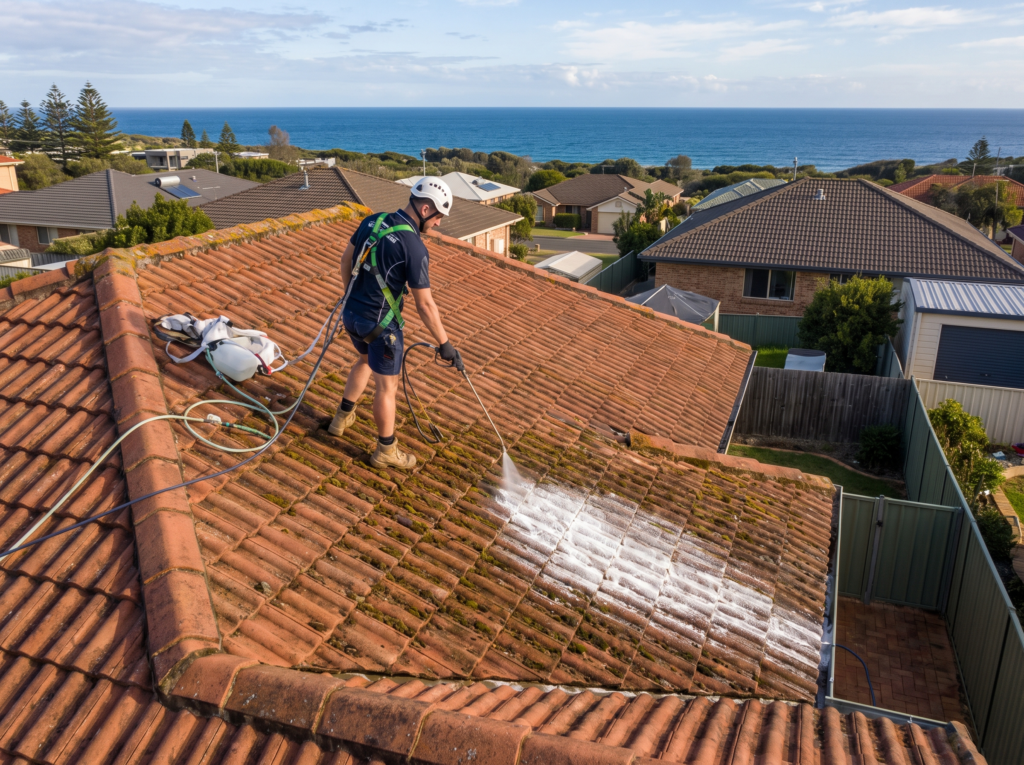 Harnessed technician treating lichen on a tile roof with the ocean horizon behind