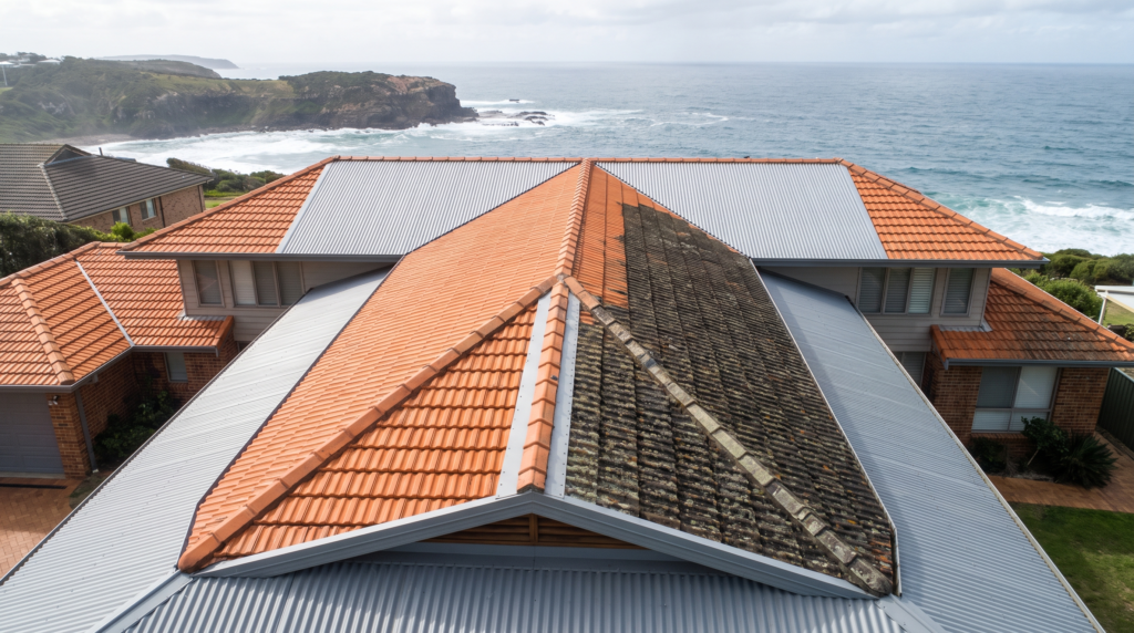 Tile roof at a Palm Beach home part-treated for lichen on the shaded pitch