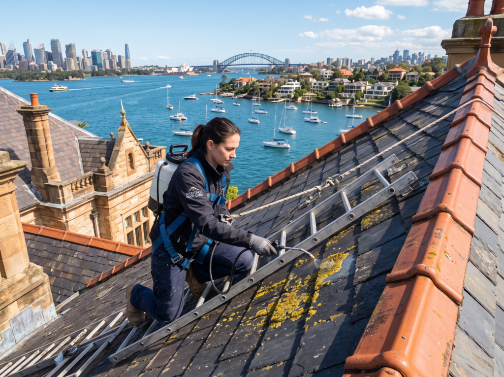 Technician cleaning the terracotta roof of a Point Piper harbourfront home at safe low pressure