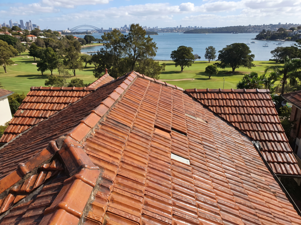 Century-old glazed terracotta roof in Rose Bay freshly cleaned of lichen