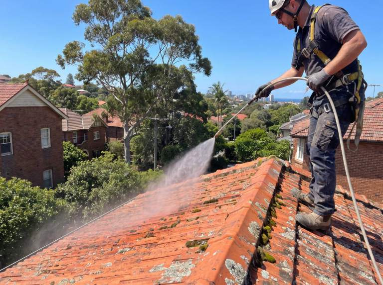 Technician in safety harness treating moss and lichen on a terracotta tile roof