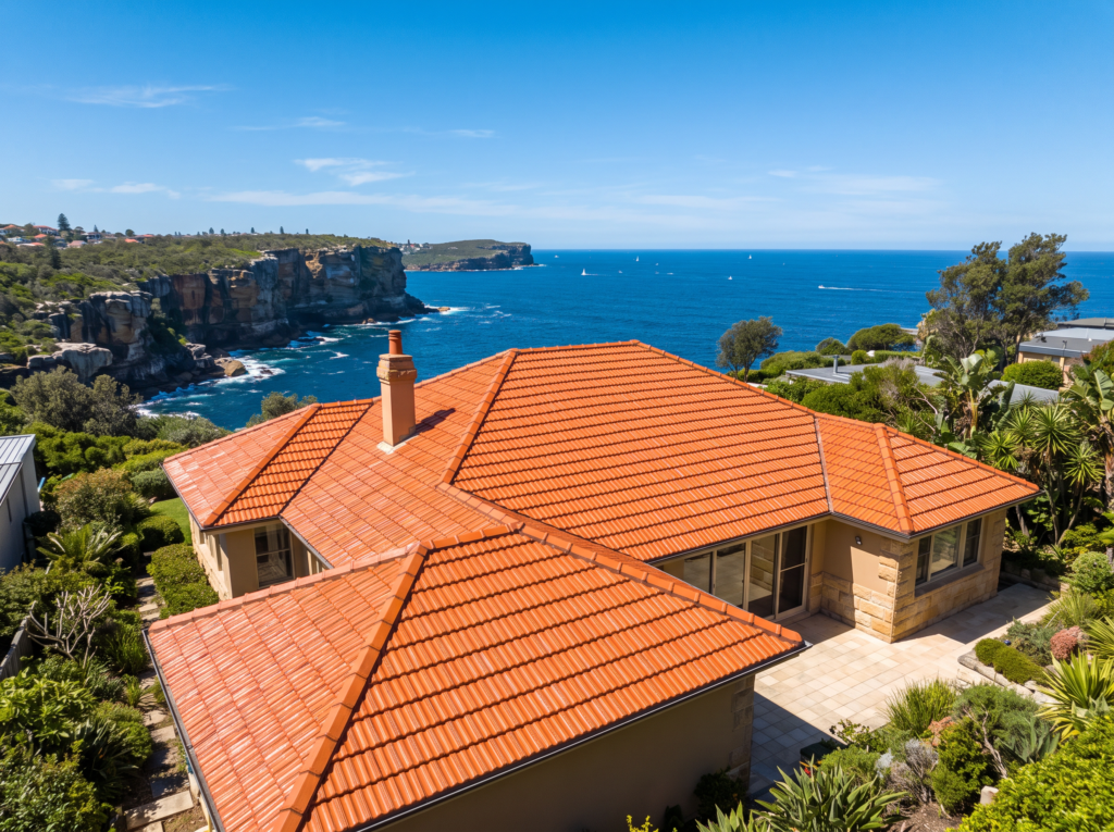 Terracotta tiled roof on a Vaucluse home freshly cleaned of lichen with ocean cliffs behind