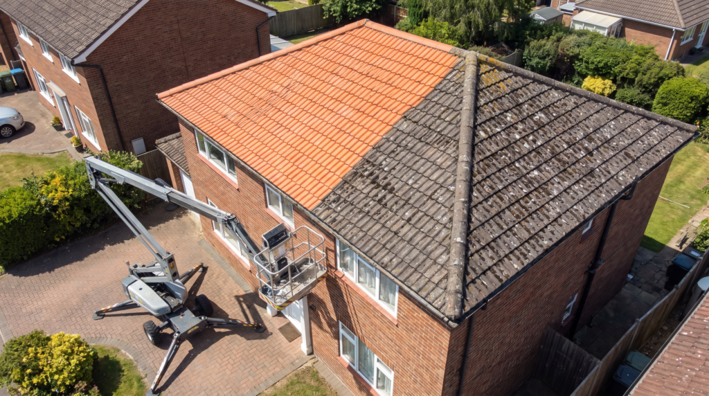 Elevated work platform beside a two-storey Sydney house with a terracotta tile roof, showing safe roof access with part of the roof cleaned and part still lichen-covered