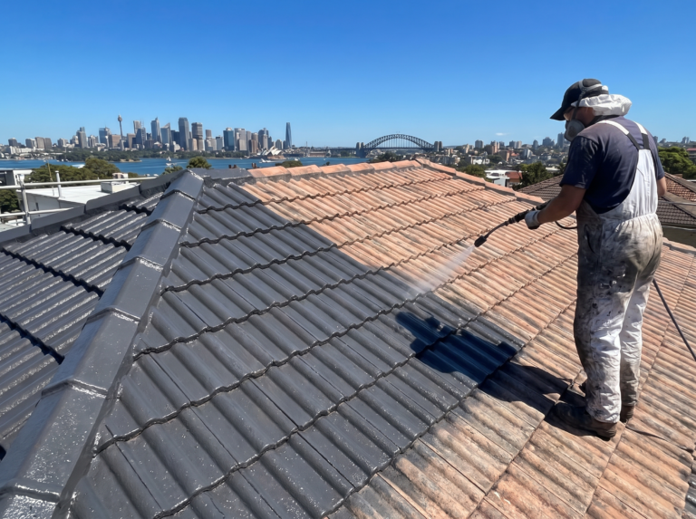 Roof painter spraying fresh charcoal membrane onto cleaned concrete tiles