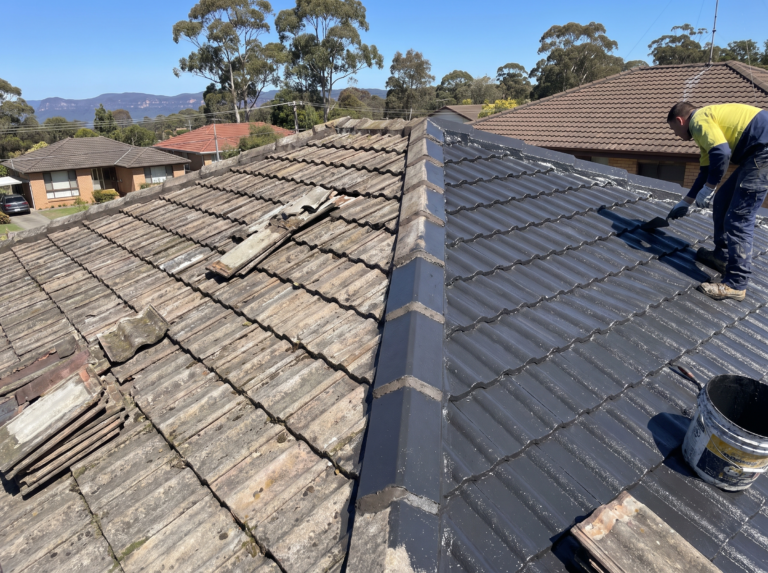 Concrete tile roof mid-restoration with fresh charcoal coating beside faded tiles