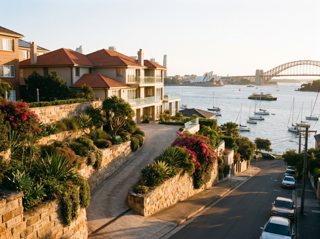 Steep Rose Bay street with terraced sandstone walls and harbour view below