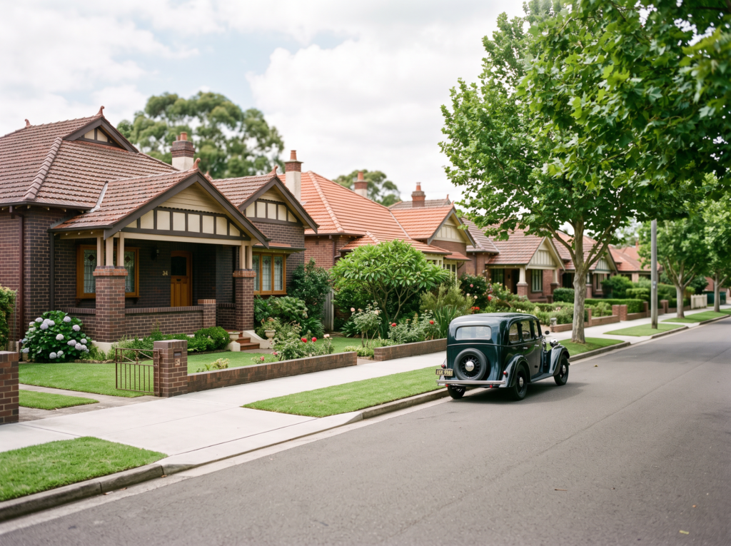 Tidy interwar bungalows with face brick and terracotta roofs on a Rosebery street