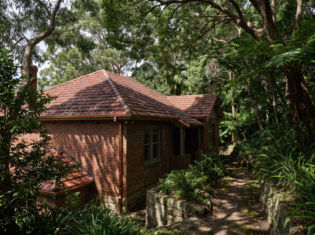 Federation home under very heavy tree canopy in Roseville with clean gutters and terracotta roof