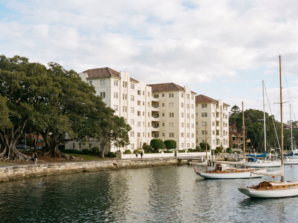 Interwar apartment buildings with clean cream render by the Rushcutters Bay marina