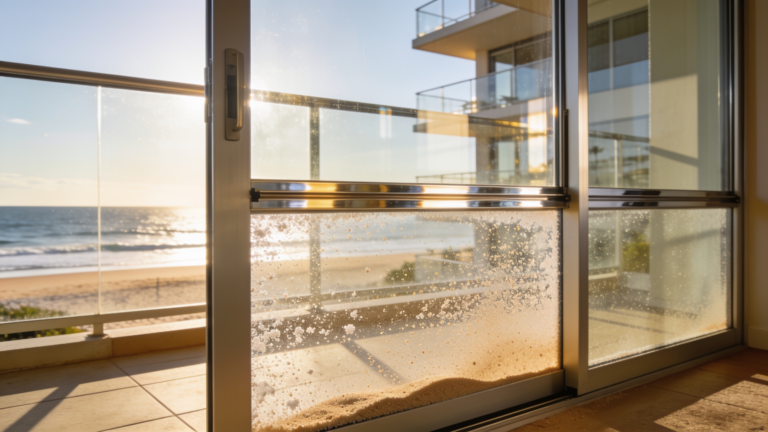 Beachfront apartment glass with a sand-flecked salt film on the lower panes
