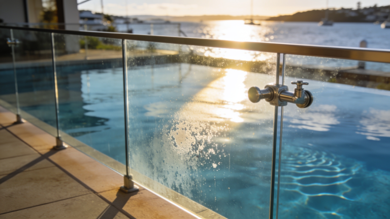 Frameless glass pool fencing with low sun revealing salt haze and hard water spotting on one panel