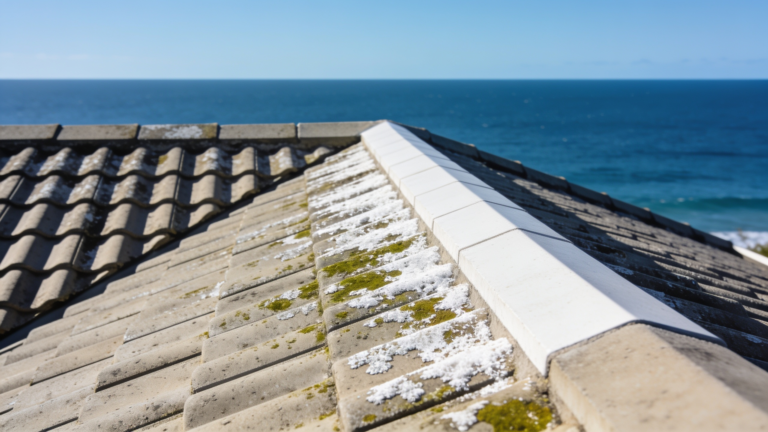 Coastal home roof with salt weathering and patchy algae on the seaward slope