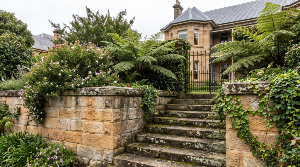Heritage sandstone garden wall and weathered entry steps at an Eastern Suburbs Sydney home