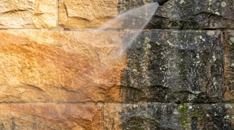 Sydney sandstone wall half cleaned showing contrast between restored golden stone and grime buildup