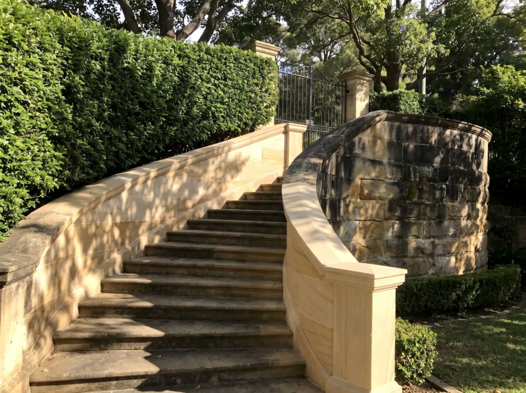 Golden sandstone boundary wall and entry stairs at a Bellevue Hill estate, restored beside blackened stone