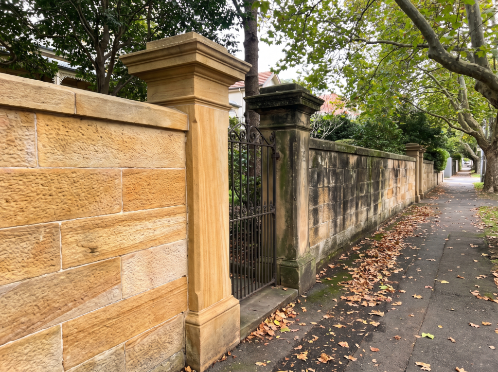 Golden sandstone garden wall and gate posts in Double Bay, half restored beside blackened stone