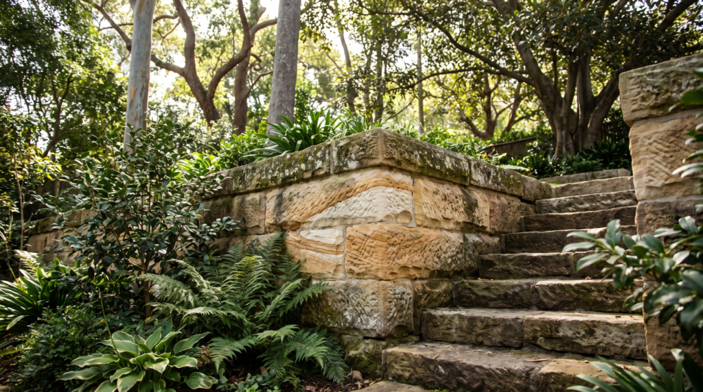 Weathered Hawkesbury sandstone retaining wall and stone garden steps in a leafy north shore Sydney garden