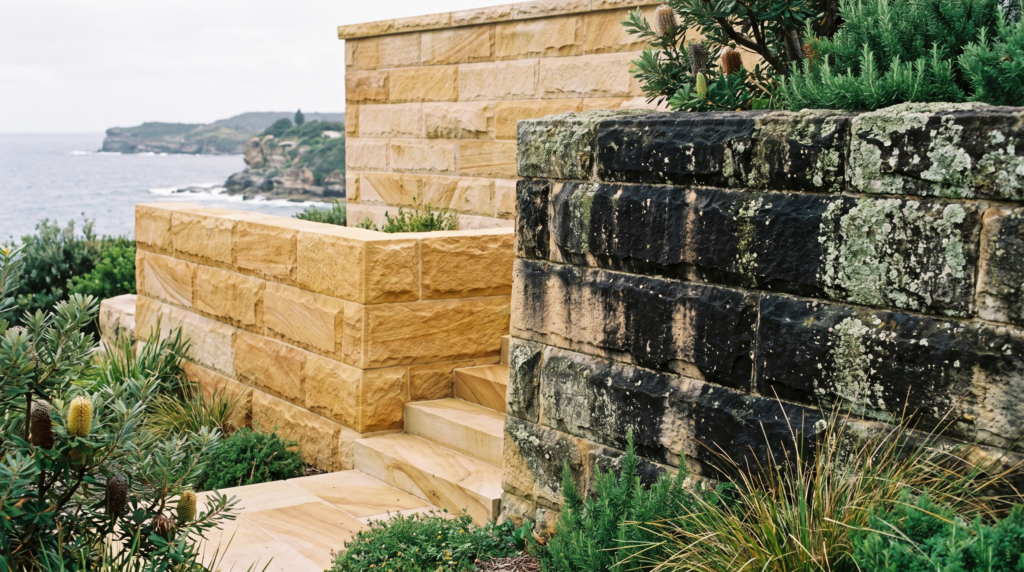 Sandstone retaining wall part-restored to honey colour on the Northern Beaches