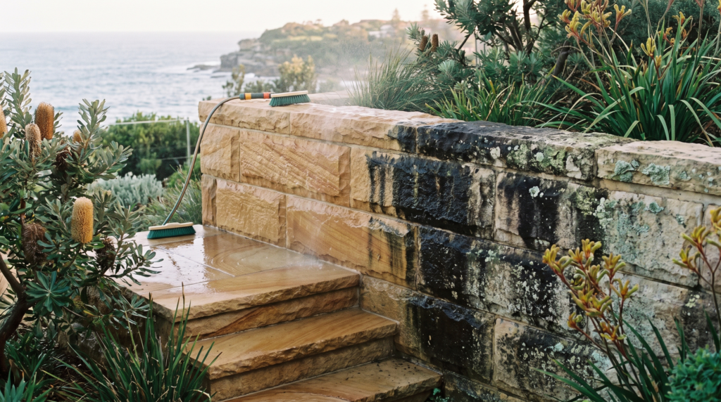 Sandstone wall and steps being cleaned at a Palm Beach property