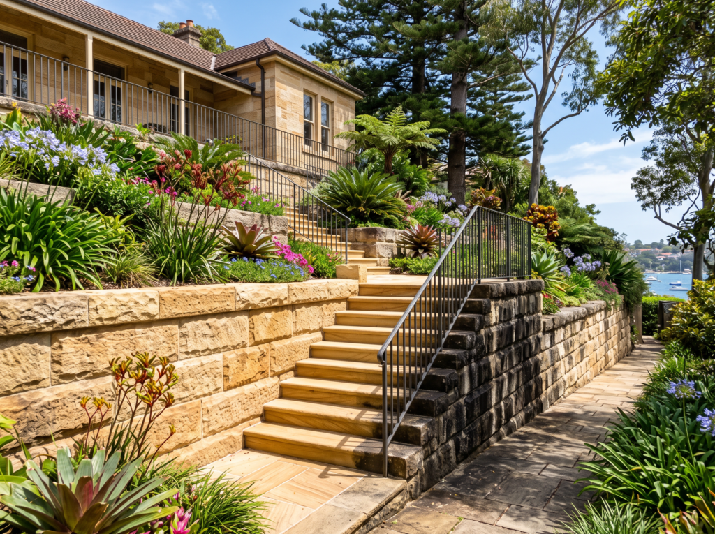 Golden sandstone retaining walls and entry steps at a Rose Bay home, half cleaned