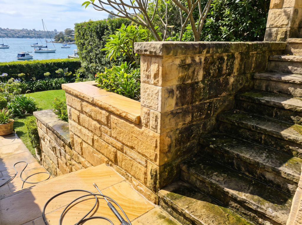 Golden sandstone retaining walls and garden steps at a Vaucluse harbourside property, half cleaned