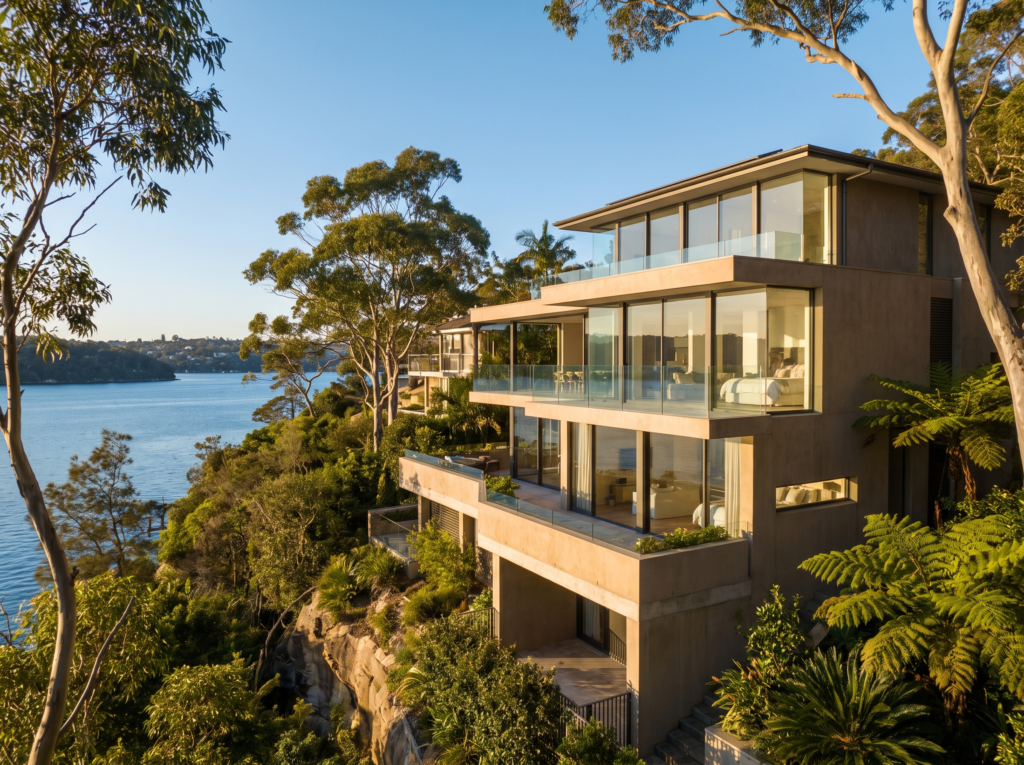 Contemporary Seaforth view home with large clean glass stepping toward Middle Harbour
