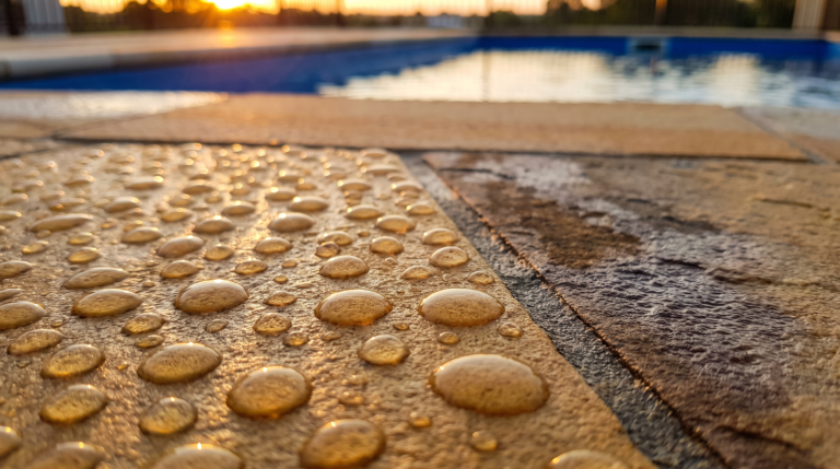 Water beading on freshly sealed golden sandstone paving next to an unsealed section that has darkened with moisture