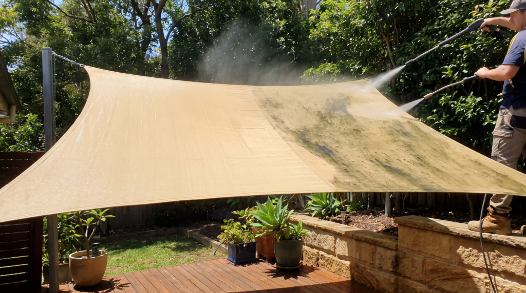 Shade sail cleaning in a Sydney backyard — The Prestige Standard
