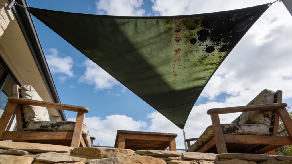 A large shade sail over an outdoor entertaining area showing mould speckling in the shaded corner