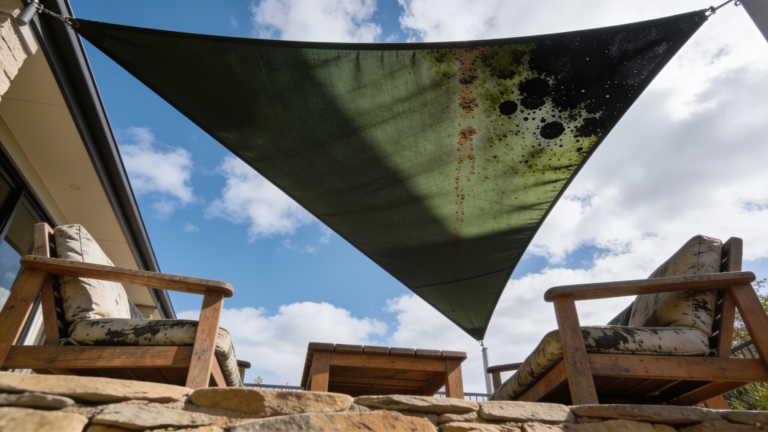 A large shade sail over an outdoor entertaining area showing mould speckling in the shaded corner