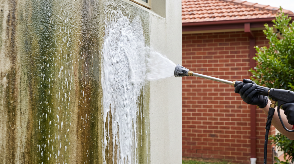Soft-wash lance applying foaming detergent to an algae-stained rendered wall, clean strip visible beside the untreated area