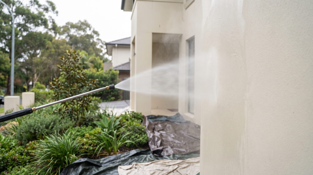 Low-pressure soft wash solution being applied in an even fan to a rendered exterior wall, with garden beds below protected by sheeting