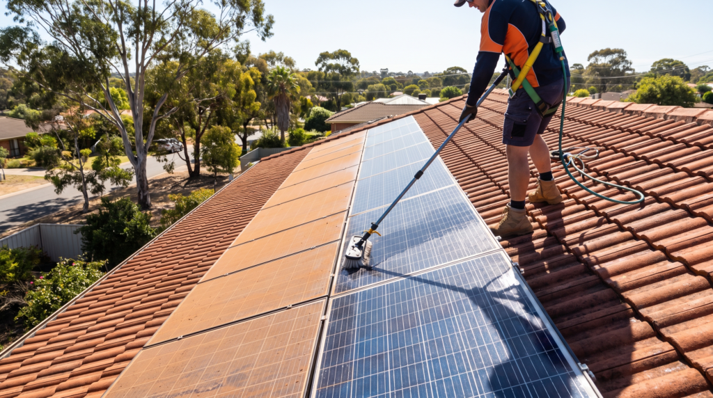 Solar panel cleaning on a Sydney roof — The Prestige Standard