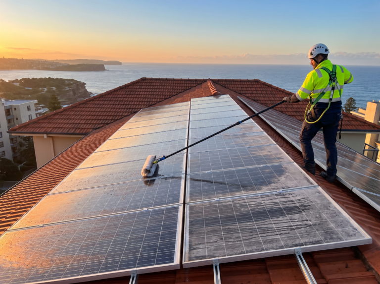 Rooftop solar panels being cleaned with deionised water, half gleaming clean half dusty