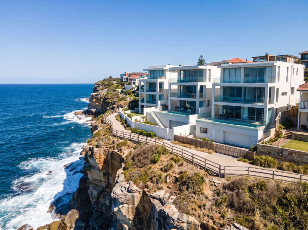 Clifftop family homes along the South Coogee coastal walk with clean render and glass
