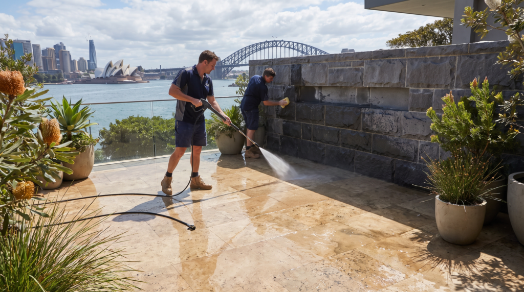 Natural stone patio cleaning at a Sydney harbour home — The Prestige Standard
