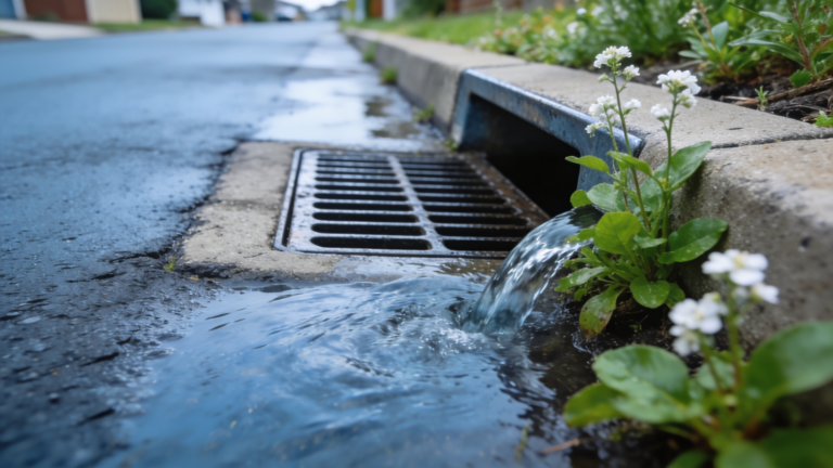 A residential stormwater drain grate beside a wet driveway with water running toward it