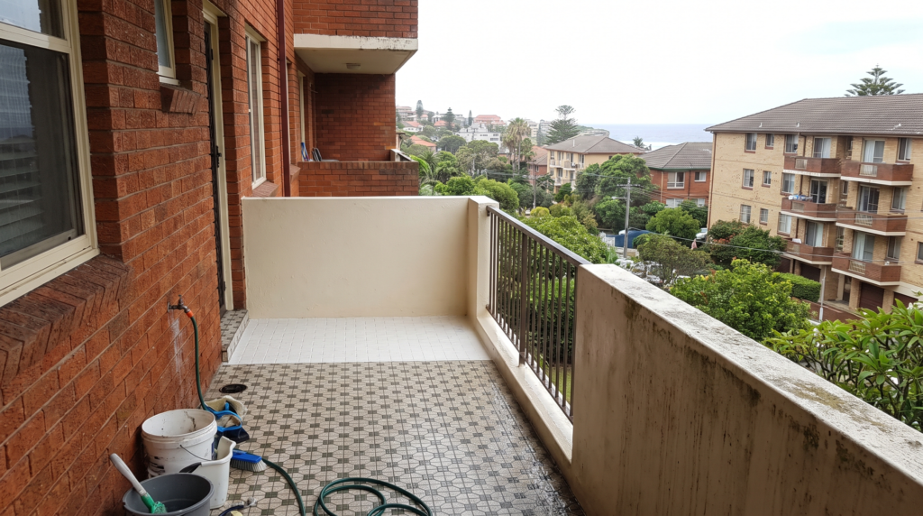 Common areas of an older walk-up apartment block being cleaned in Bondi