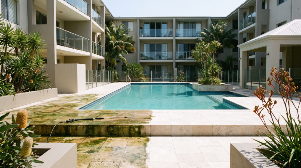 Apartment courtyard and podium tiles being cleaned at a Coogee building