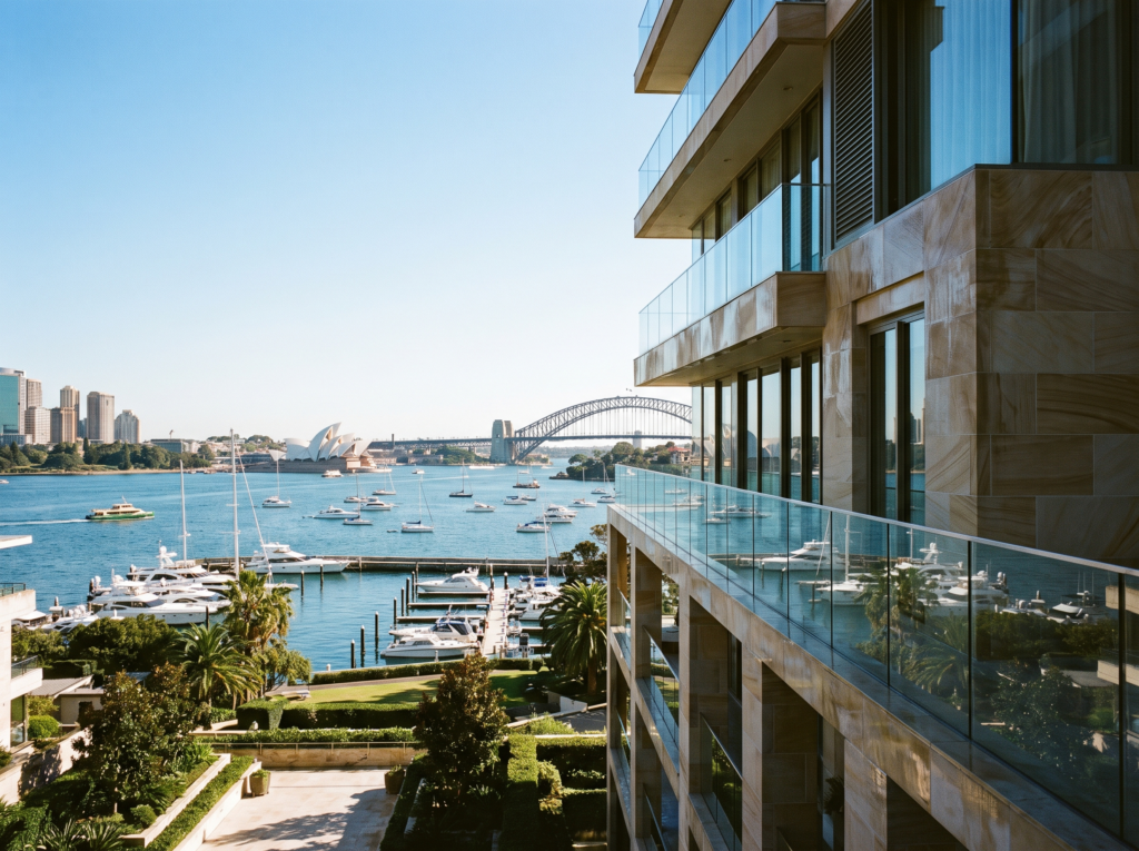 Prestige harbourfront apartment tower in Darling Point with freshly washed facade
