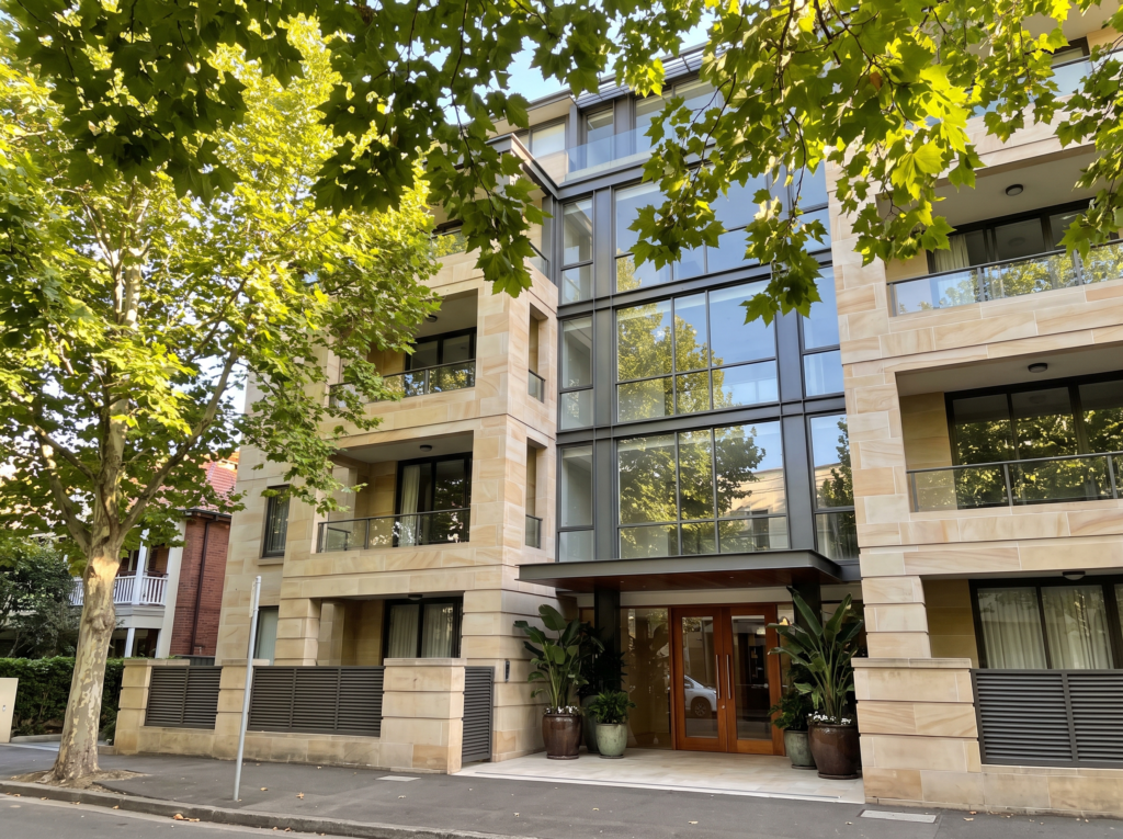 Boutique luxury apartment building in Double Bay village with freshly washed facade