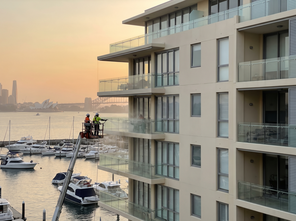 Harbourfront apartment building facade being washed down in Point Piper