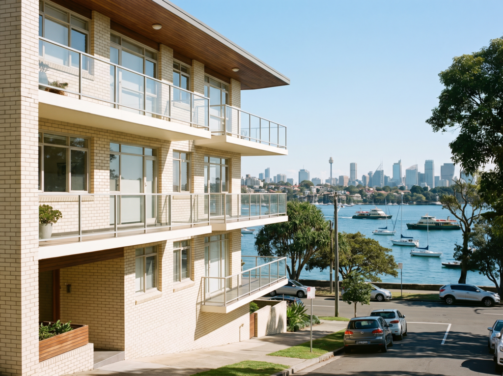 Mid-century bay-side apartment building in Rose Bay with freshly washed facade
