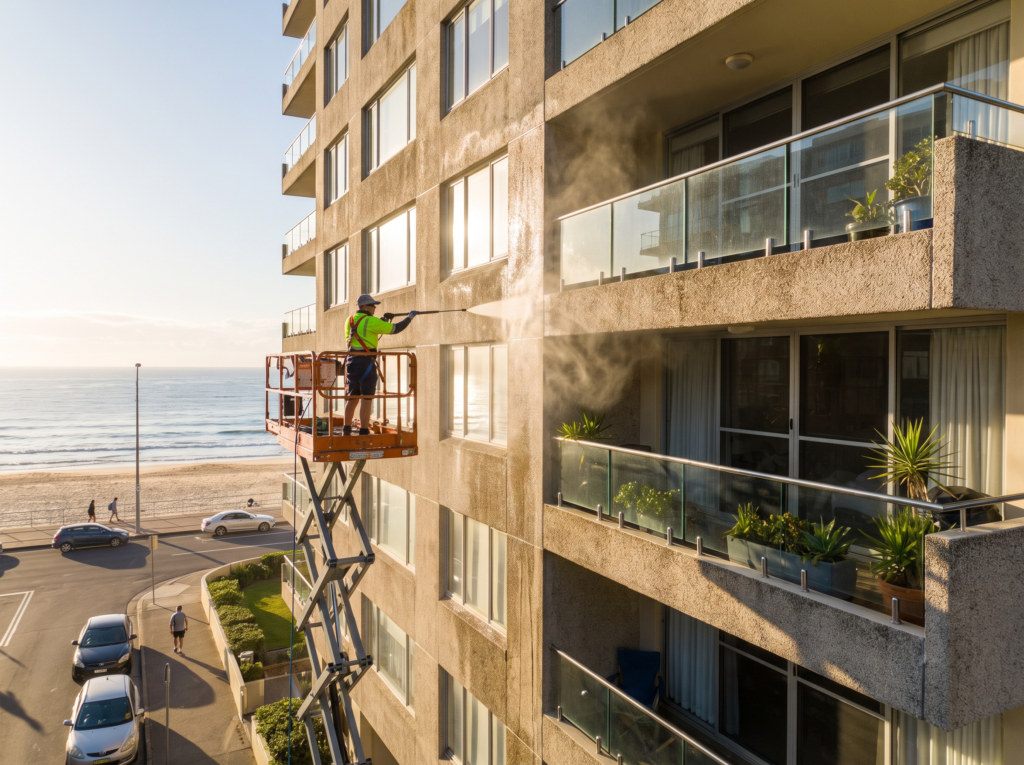 Rendered strata apartment facade being soft washed with clean balconies and glass balustrades