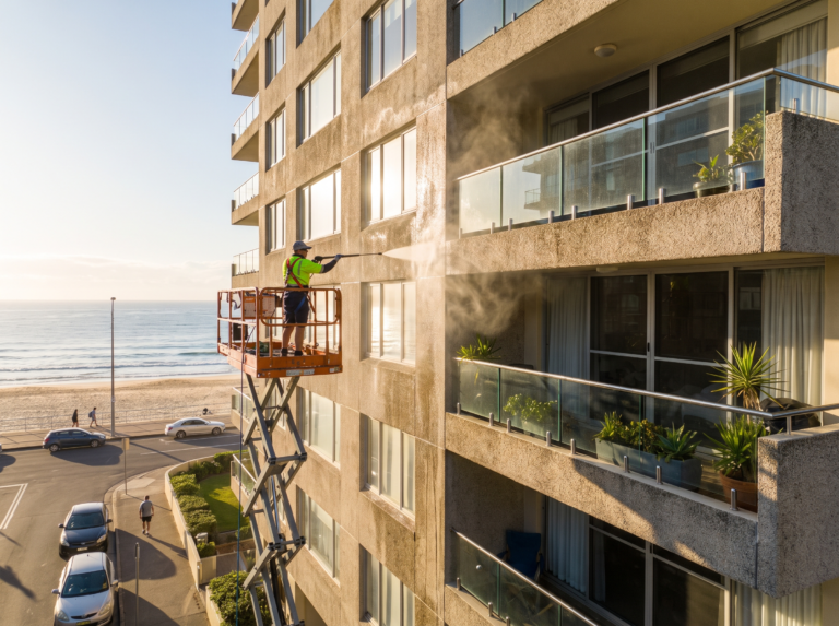 Rendered strata apartment facade being soft washed with clean balconies and glass balustrades