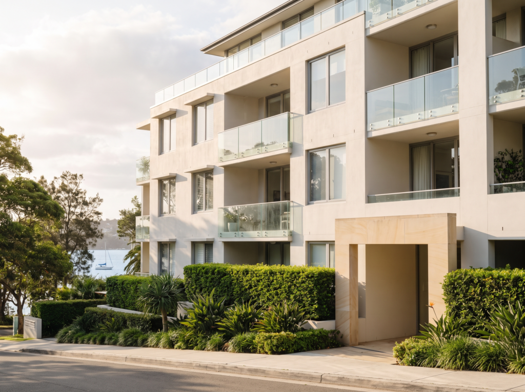 Boutique rendered apartment building in Vaucluse with freshly washed facade and clean glass balustrades