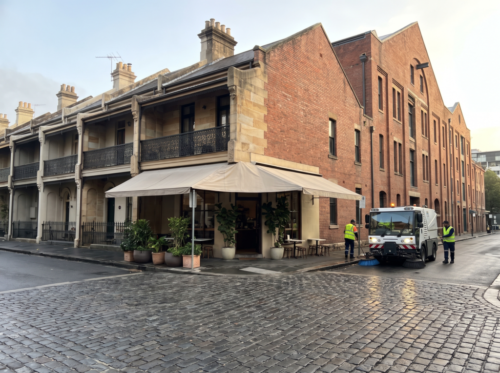 Surry Hills terraces and converted brick warehouse with clean facades and cafe awning