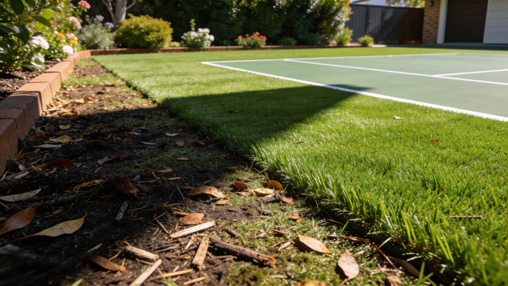Synthetic grass lawn with one area matted and darkened by debris and another clean with upright fibres
