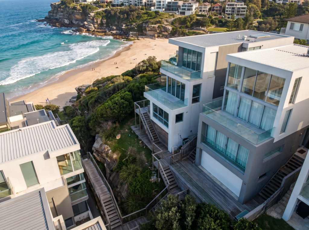Contemporary homes stepping down the steep Tamarama gully with clean render and glass